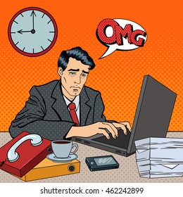 Depressed Businessman Stayed Late at Work. Tired Worker with Laptop. Pop Art Vector illustration