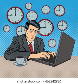 Depressed Businessman Stayed Late at Work. Tired Worker with Laptop. Pop Art Vector illustration