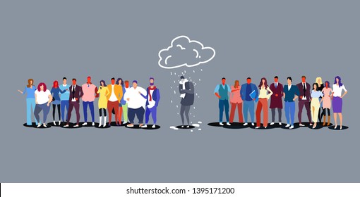 depressed businessman under rain and cloud unprotected business man standing out from colorful businesspeople crowd fail competition concept sketch doodle horizontal