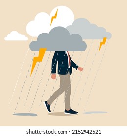 Depressed businessman walking with cloudy thunderstorm and rainy around his face. Business problem, obstacle or risk to overcome and succeed, insurance or catastrophe and disaster business day concept