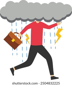 Depressed businessman walking with cloudy thunderstorm and rainy around his face. Business problem, obstacle or risk to overcome and succeed, insurance or catastrophe and disaster business day concept