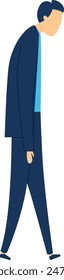 Depressed businessman walking head down blue suit isolated white background. Disappointed office worker formal wear feeling failure vector illustration. Sad man cartoon character professional attire