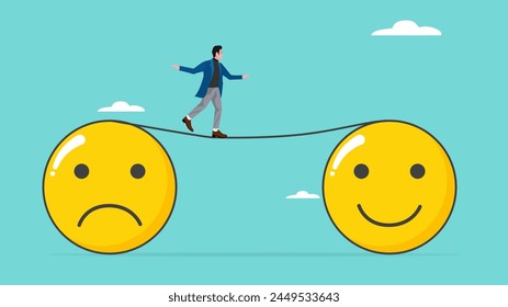 depressed businessman walking from sad to happy emoticon, Relaxation make anxiety or stressed to happy, relieve stress or problem concept, stress management concept vector illustration