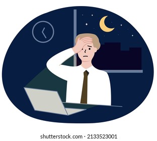 Hizo hincapié en un infeliz hombre de negocios que trabaja duro solo por la noche en el cargo, que se siente cansado y somnoliento. Sobretrabajo, horas extra, concepto de agotamiento. Ilustración vectorial de diseño plano.