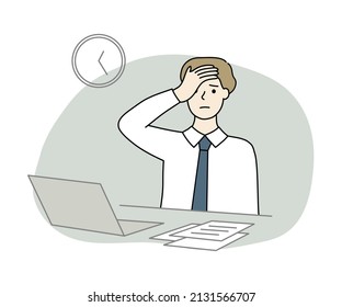 Depressed businessman working late at night in office, feeling tired and sleepy. Business, overwork, burnout, mental health concept. Hand drawn character vector design isolated illustration.