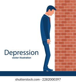 Depressed businessman. The young man is under stress. Sense of anxiety. Unhappy person. Businessman worried looking down. Mental pressure. Vector illustration flat design. Isolated on white background