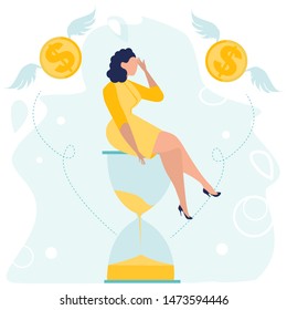 Depressed Businesswoman with a headache sitting on the hourglass. Money problem and financial trouble. Economic Crisis, Business Bankruptcy. Unpaid Loan Debt. Vector illustration in a flat style.