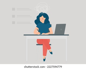 Depressed businesswoman sitting behind her office desk and feels stress, depression. Sad female worker or boss feels overloaded because of unfinished projects. Burnout, labor exploitation concept.