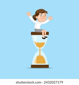 Depressed Businesswoman Sitting On Sand Clock. Sand Clock Sand Timer Time Passing concept. Flat, Poster, Vector, Illustration, Cartoon, EPS10. 
