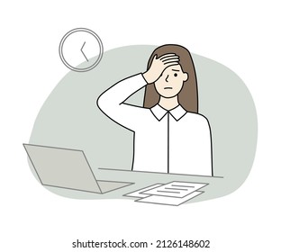 Depressed businesswoman working late at night in office, feeling tired and sleepy. Business, overwork, burnout, mental health concept. Hand drawn character vector design isolated illustration.