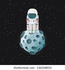 Depressed cartoon astronaut sitting on the Moon with space and stars in the background. Mental health problem and loneliness illustration. Vector.