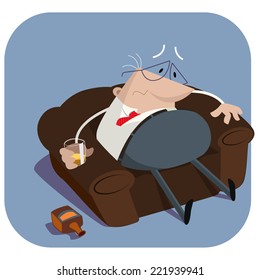 Depressed cartoon businessman holding a glass of alcohol sitting in the armchair.