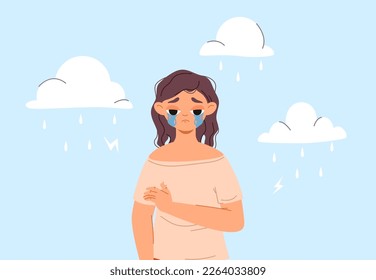Depressed cartoon female characters. Young woman cry, sad or tired teenager. Failure, frustration and negative feelings vector scene