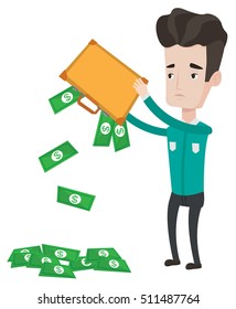Depressed caucasian bankrupt shaking out money from his briefcase. Despaired bankrupt businessman emptying a briefcase. Bankruptcy concept. Vector flat design illustration isolated on white background