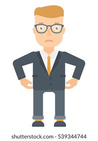 Depressed caucasian businessman in suit. Sad businessman standing with his hands on hips. Young businessman having depression. Vector flat design illustration isolated on white background.