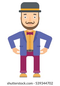 Depressed caucasian circus artist. Sad circus artist standing with his hands on hips. Circus artist looking upset and having depression. Vector flat design illustration isolated on white background.