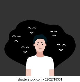 Depressed child boy with scary smiling faces behind. Depression, mental disease, public disapproval, loneliness, bullying concept. Flat character vector design illustration.