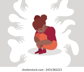 Depressed child crying, sitting, and holding her knees, suffers from bullying and contempt. Sad girl, victim of abuse, is surrounded by hands threatening and harassing her. Stop violence Concept.