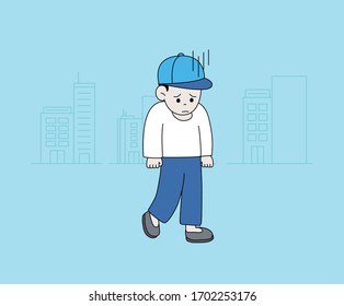 Depressed Child illustration set. City, negative, sadness, concern kid Vector drawing. Hand drawn style.