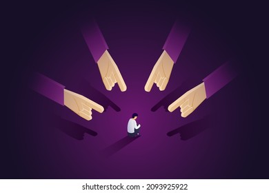 Depressed children cry and kneel from bullying and bullying. Boy surrounded by the hands of the surrounding people pointed at him.  isometric vector illustration.
