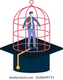 depressed confused new graduated student in birdcage with graduation cap.

