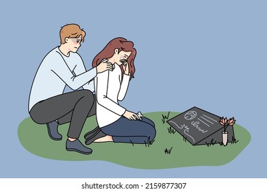 Depressed couple cry at cat gravestone at cemetery. Unwell stressed man and woman owners mourn grieve after domestic pet passing away. Canine memorial. Vector illustration. 