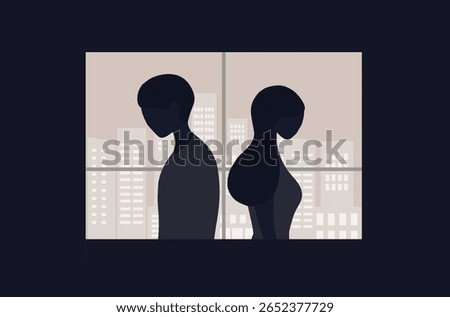 Depressed couple sitting back to back in the dark room. Depression, Intimate, quarrel, conflict, married or sexual problems in couple vector illustration 