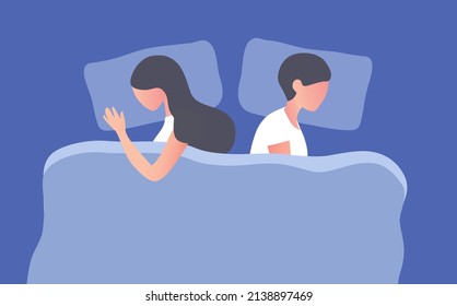 Depressed Couple Sleeping Back To Back In Bed Room. Depression, Intimate, Quarrel, Conflict, Married Or Sexual Problems In Couple Vector Illustration 