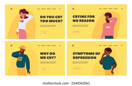 Depressed Crying People Landing Page Template. Sad Characters Feel Negative Emotions, Upset Men and Women with Pouring Tears, Bad Mood, Melancholy, Grief, Sadness Feelings. Cartoon Vector Illustration