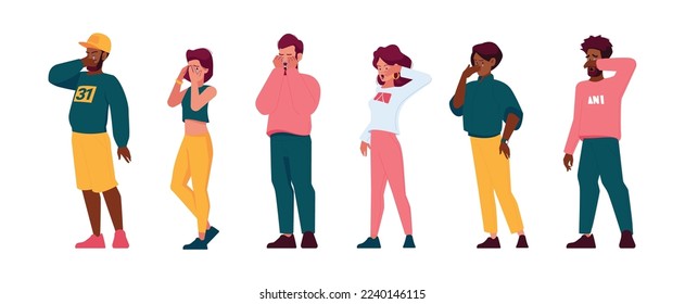 Depressed Crying People. Sad Male and Female Characters Feel Negative Emotions, Upset Men and Women with Tears Pouring Down, Bad Mood, Melancholy, Grief, Sadness Feelings. Cartoon Vector Illustration