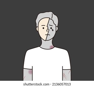 Depressed crying victim Man being abused, wearing mask to hide his pain. Stop violence, Social problem, bullying, mental health concepts. Hand Drawn Black and white vector design illustrations.