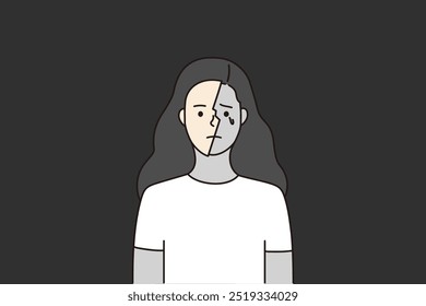 Depressed crying woman with half face mask. Mental disorder, depression, psychological problem concepts. Hand drawn character vector design illustration isolated background.