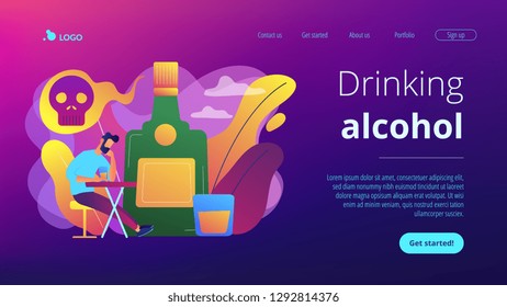 Depressed drunk man sitting and drinking alcohol at big bottle with skull. Drinking alcohol, alcohol addiction, alcoholism therapy concept. Website vibrant violet landing web page template.