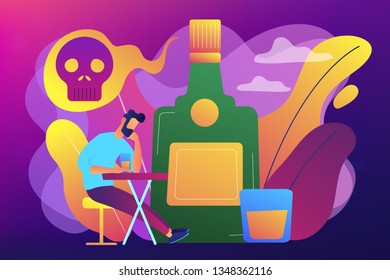 Depressed drunk man sitting and drinking alcohol at big bottle with skull. Drinking alcohol, alcohol addiction, alcoholism therapy concept. Bright vibrant violet vector isolated illustration