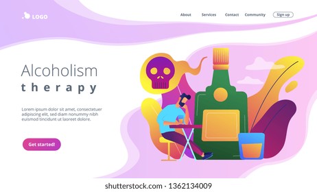 Depressed drunk man sitting and drinking alcohol at big bottle with skull. Drinking alcohol, alcohol addiction, alcoholism therapy concept. Website vibrant violet landing web page template.