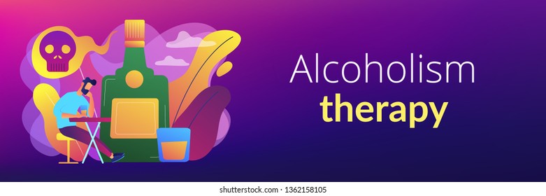 Hombre ebrio deprimido sentado y bebiendo alcohol en una botella grande con cráneo. Alcohol, adicción al alcohol, concepto de terapia alcohólica. Plantilla de banner de encabezado o pie de página con espacio de copia.