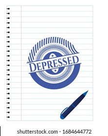 Depressed emblem with pen effect. Blue ink. Vector Illustration. Detailed.