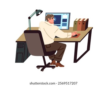 Depressed employee sits at the desk, works with computer back view. Frustrated office worker with burnout at the table. Sad exhausted person at workplace. Flat isolated vector illustration on white