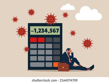 Depressed Entrepreneur Sitting With Calculator Negative Numbers And Virus Pathogen. Money Loss In Coronavirus COVID-19 Crisis, Entrepreneur Or Company Cannot Pay For Debt And Bankruptcy.