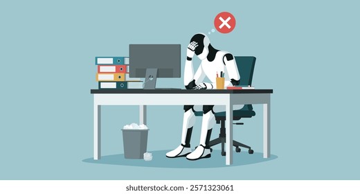 Depressed exhausted humanoid AI robot sitting at desk and working, AI failure concept