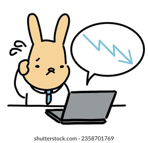 Depressed face of a working rabbit operating a computer.