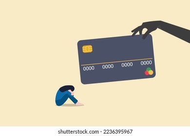 Depressed female with big credit card debt burden or loan payment. concept of Credit card debt, financial problem, loan or obligation to pay back, and over spending.