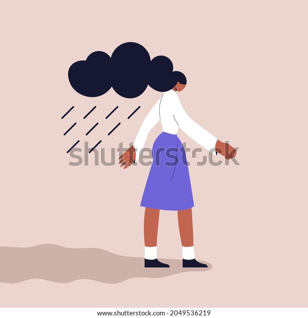 Depressed Female Character Cloud Rain Over Stock Vector Royalty Free 2049536219