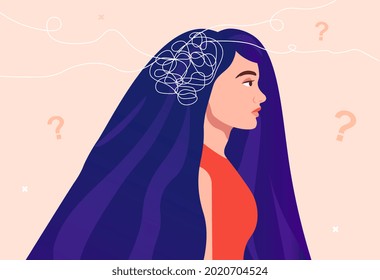 Depressed female character with messy thought lines inside her head. Frustrated and confused. Concept of psychological problem, mental disease and brain illness. Flat cartoon vector illustration