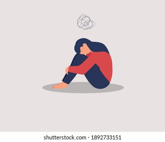 Depressed female character sitting on floor and hugging knees, above scribble. Mental health concept. Depression, bipolar disorder, dementia, obsessive compulsive, post traumatic stress disorder.