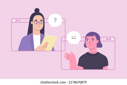 Depressed female talking with doctor. Online psychotherapy concept. 