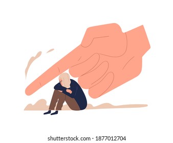 Depressed female teenager sitting under huge hand vector flat illustration. Despair tiny girl victim of control, prohibition, punish and force isolated. Concept of pressure of parents and society