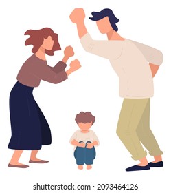 Depressed and frightened child watching parents quarreling and fighting. Isolated aggressive husband beating wife and shouting. Dysfunctional family and toxic relationships.Vector in flat style