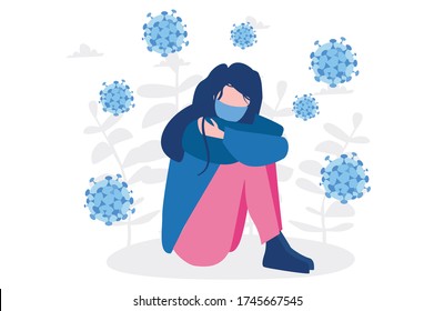 Depressed girl alone. Solitude from social distancing COVID-19 , isolated stay home alone 
