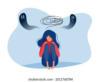 Depressed girl with anxiety and scary fantasies feeling sorrow,fears, sadness vector illustration